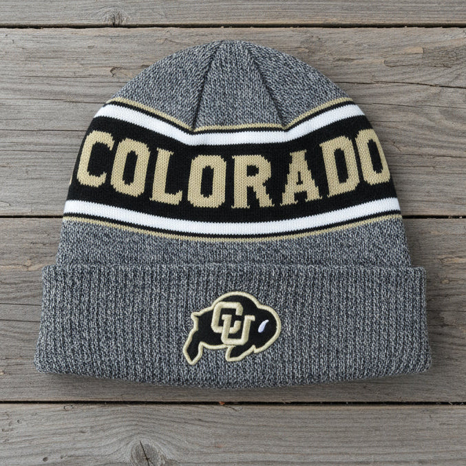 Gray knit beanie with 'Colorado' text and CU logo