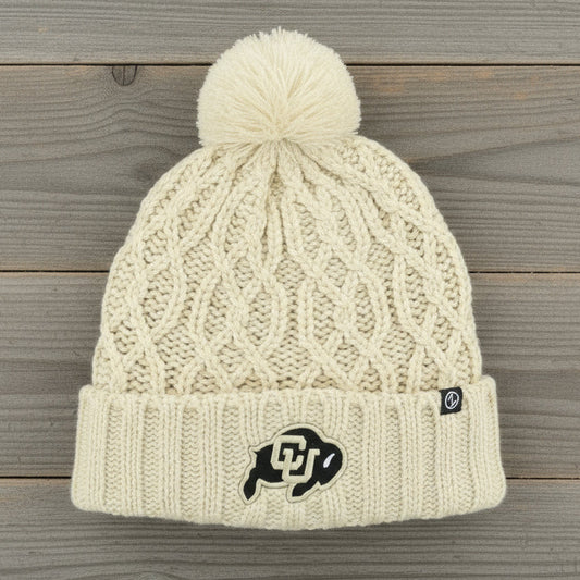 Cream knit beanie with pom-pom and Colorado Buffaloes logo embroidered on the front.