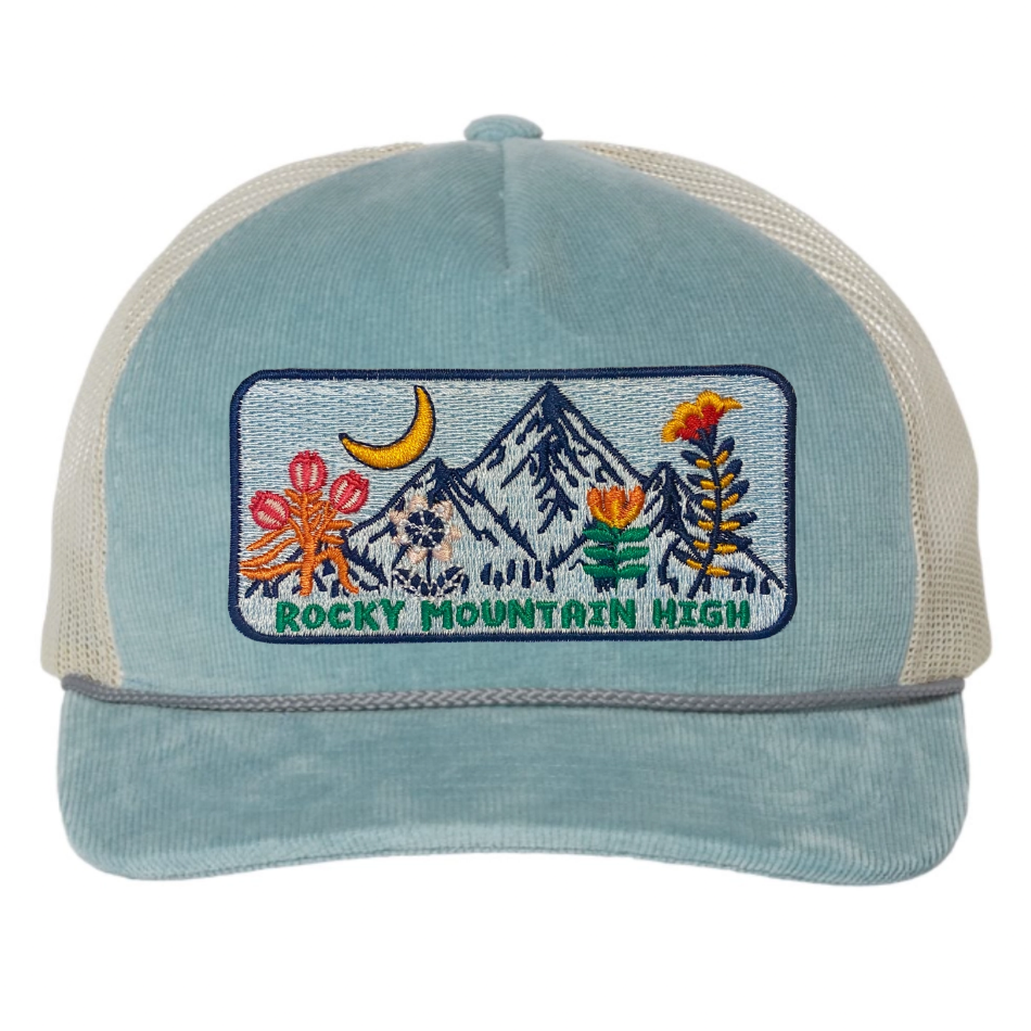 Light Blue Rocky Mountain High Patch Corduroy Trucker Hat